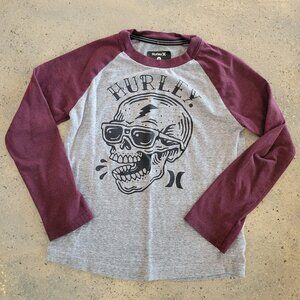 Boys Hurley SIZE 6 colorblock burgundy and grey SKULL shirt - GUC